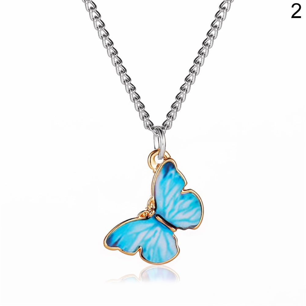 Turquoise Stone 'Butterfly' Pendant Necklace In Silver Plating 68cm Length
