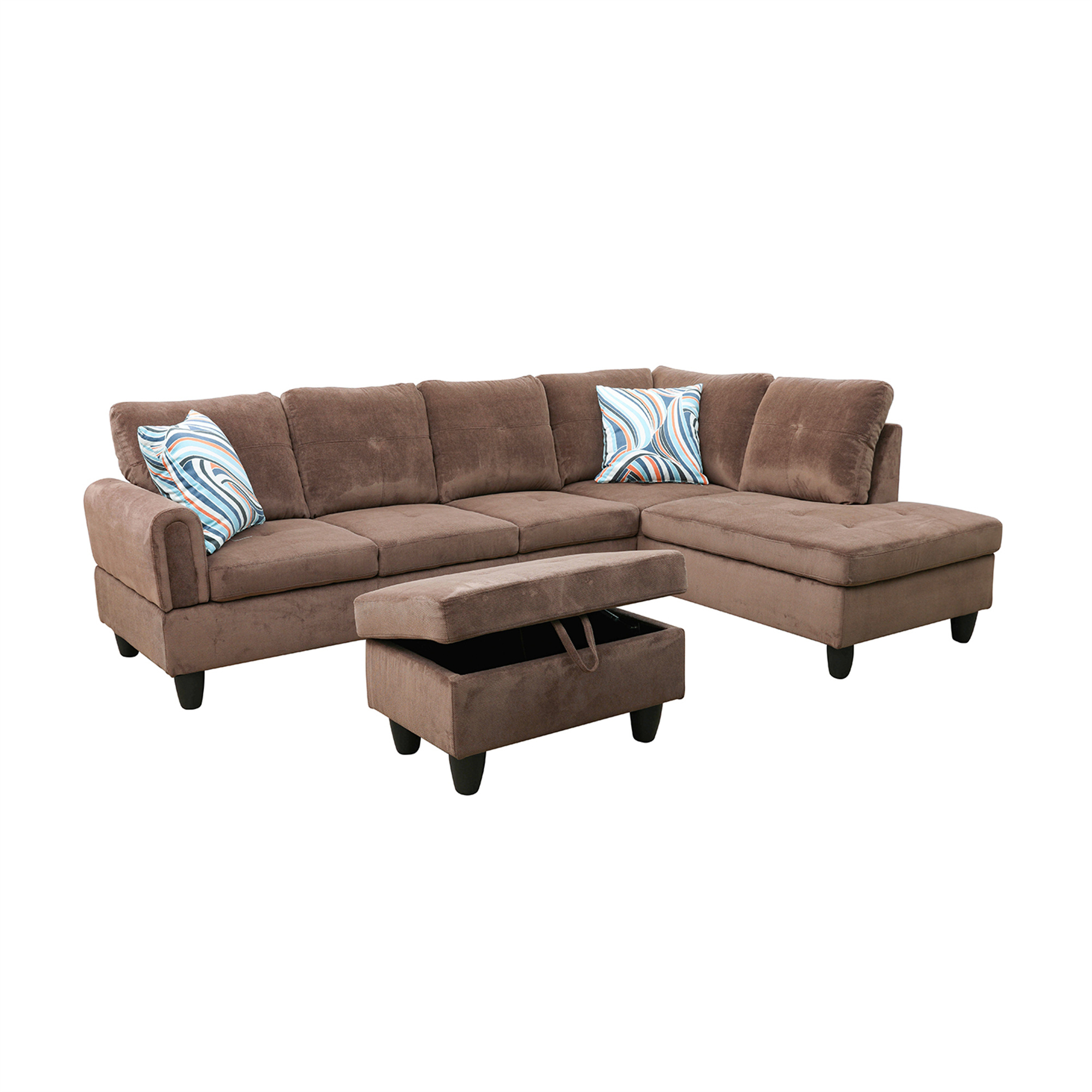 Aukfa 3 Piece L-shape Sectional Sofa Couch w/ Storage Ottoman, Right Chaise, 2 Pillows, Pineapple Velvet, Brown