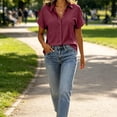 thumbnail image 6 of VBVC Women's Cotton Linen Button Down Blouse , Ladies' V Neck Short Sleeve Work Shirt , Summer Loose Fit Solid Tunic Top For Women, Wine , S-2XL, 6 of 8