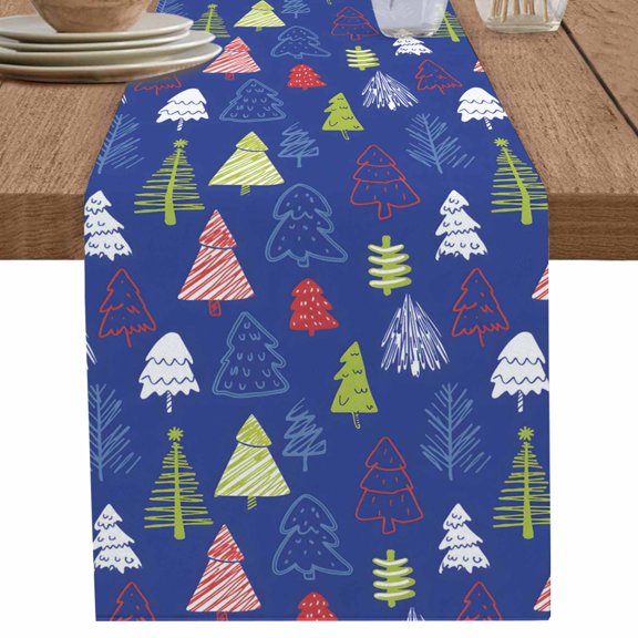 nqOlkjepod Christmas Tree Table Runner 36 Inches Long Farmhouse Dress Scarves, Red Blue Gold Yellow Modern Cartoon Dining Tablerunner for Coffee Table/Kitchen Island/Party Décor, Small 13" x 36"