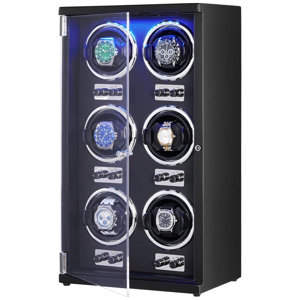 Watch Winder, for 6 Automatic Watches, with 6 Japanese Mabuchi Motors, Blue LED Light, High-Density Board Shell
