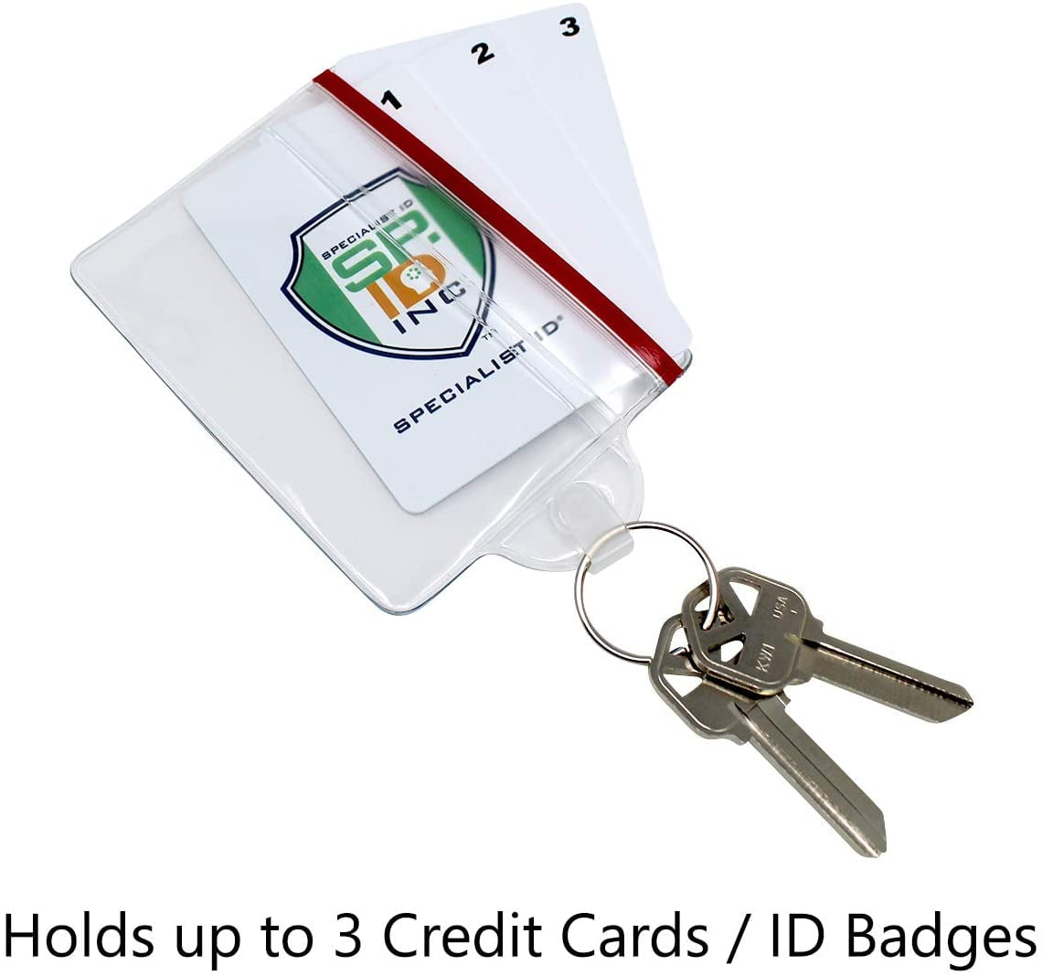 Bulk 100 Pack - Water Resistant Resealable Badge Holders with Key Ring and Zip Seal for College Student ID, Fuel Card ID Badge and More