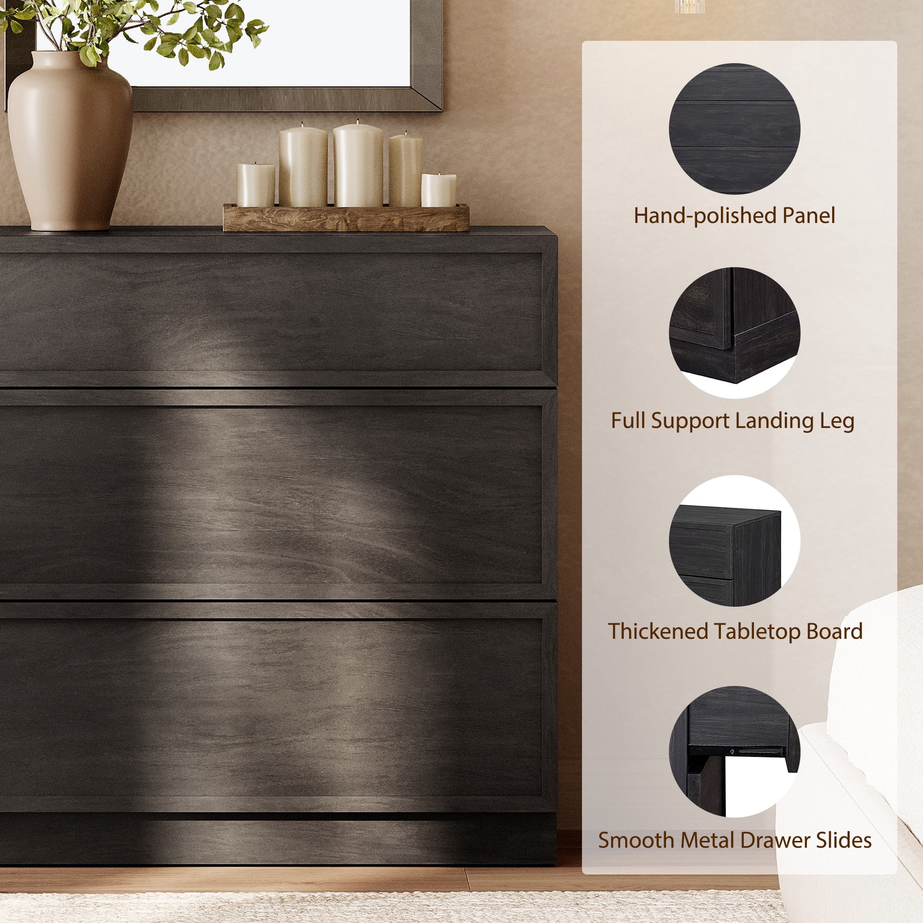 Set of 2 Nightstand with 3 Drawers, Modern Tall End Table with Large Storage for Living Room, Bedroom Wooden Side Table and Closet Organizer