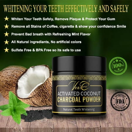 VeniCare Natural Teeth Whitening Powder Organic Coconut Activated Charcoal 59 ML