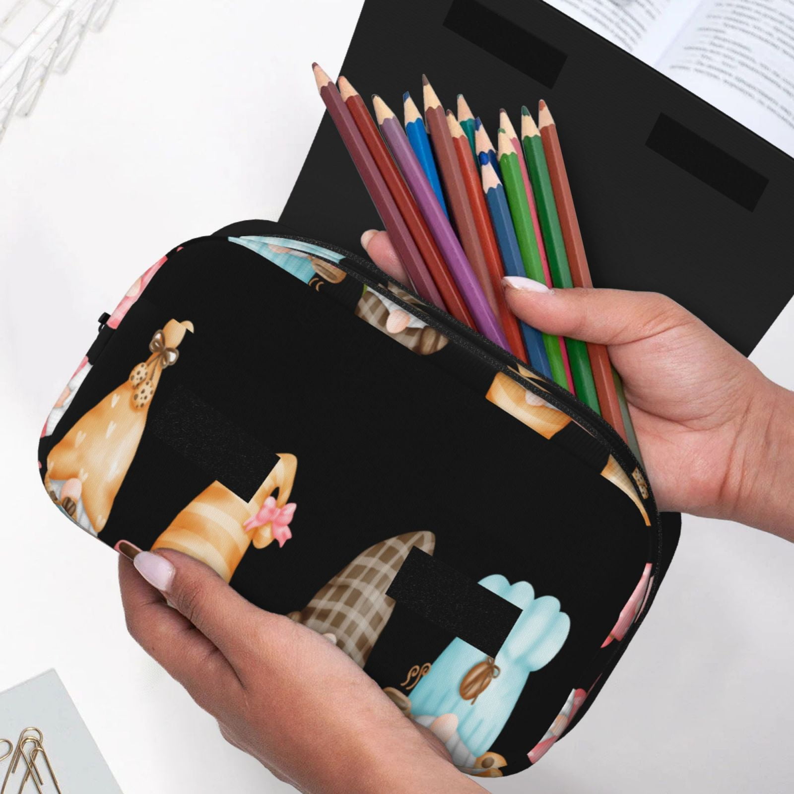 Rateoe Coffee Gnome (2) Pattern Double Clamshell Pen Case, Storage Organizer with Two Zipper Compartments– Holds Up to 50 Pencils & Pens