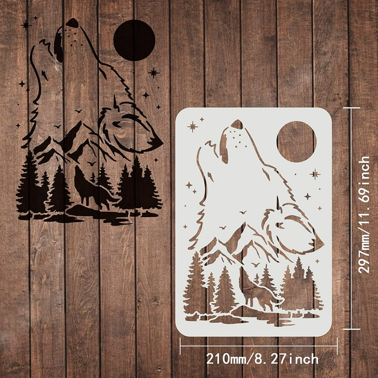 Wolf Stencils Template 11.8x11.8inch Plastic Forest Mountain Moon Drawing Painting Stencils Square Reusable Stencils for Painting on Wood Floor Wall