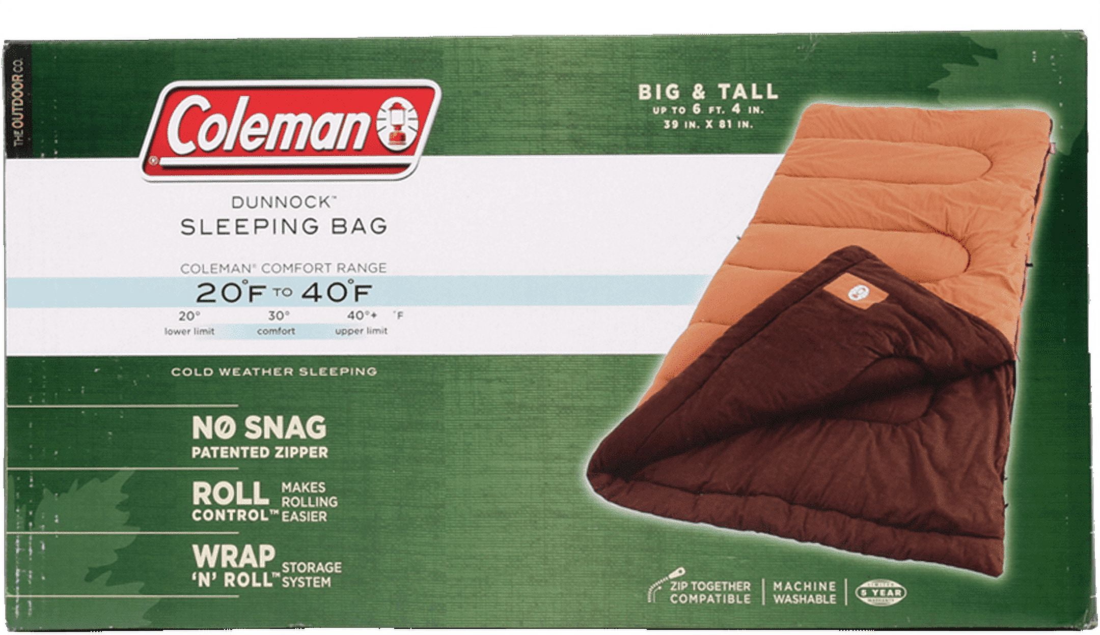 Coleman Dunnock 20-Degree Cold Weather Rectangular Big and Tall Sleeping Bag, Tan, 39"x81"