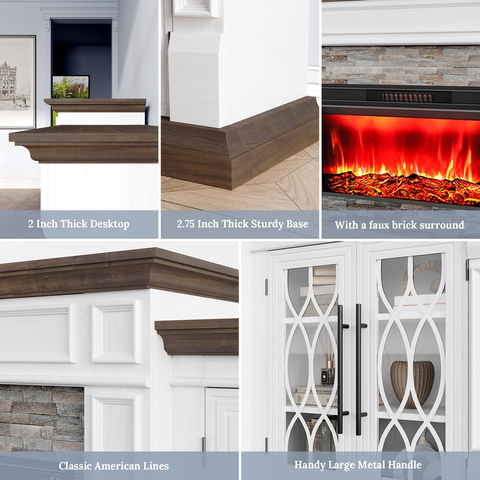 LGHM 104" Fireplace TV Stand with 30" Electric Heater, Large Farmhouse Entertainment Center with Storage Cabinet, Media Console for Living Room, White