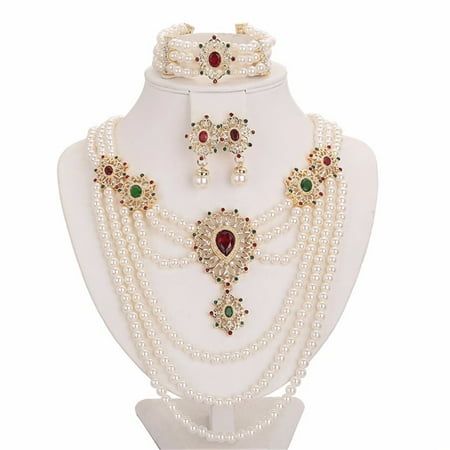 - 18K Gold Plated Simulated Pearl Beads Red Oval Zircon Necklace Earrings Bracelet Jewelry Set