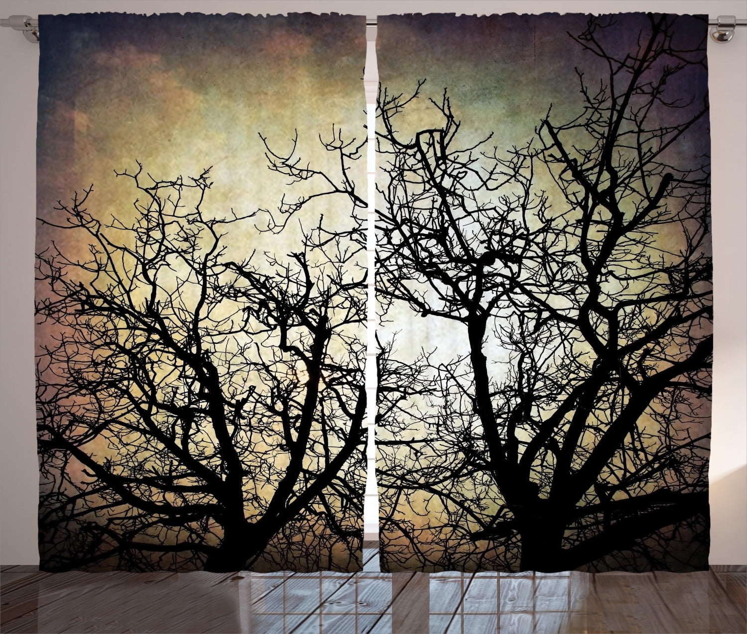 108 X 90 Living Room Bedroom Window Drapes 2 Panel Set Ambesonne Horror Curtains Sepia Black Scary Twilight Scene with Grunge Tree Branch Silhouette Over Dirty Night Sky Image