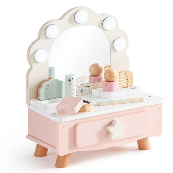 Robud Pretend Makeup Table Set for Toddler,  Kids Toy with Mirror & Light, Wooden Accessories, Pink