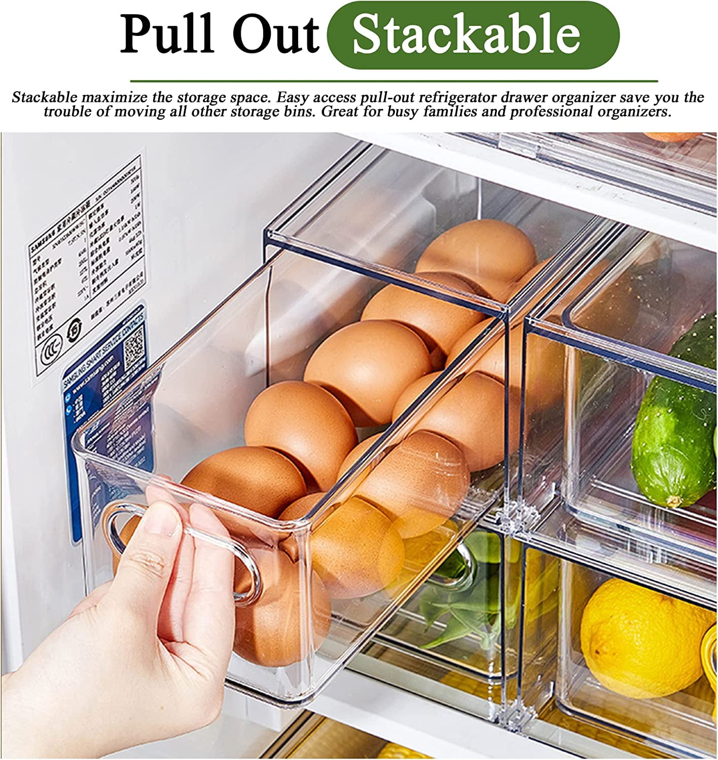 2 Pack Fridge Organizers and Storage with Pull out Drawer, Stackable Storage Drawer, Clear Refrigerator Organizers,  for Kitchen Cabinet Pantry,3.14QT