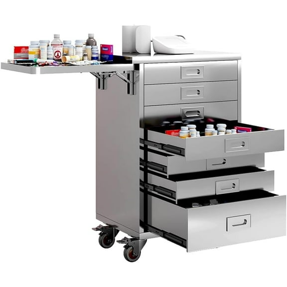 Yeeoy Dental Assistant's Mobile Cabinet with 7 Drawers, Alabama Cart, Medical Storage Cabinet, Stainless Steel Professional Utility Cart with Side Shelf for Hospital Clinic Lab Office