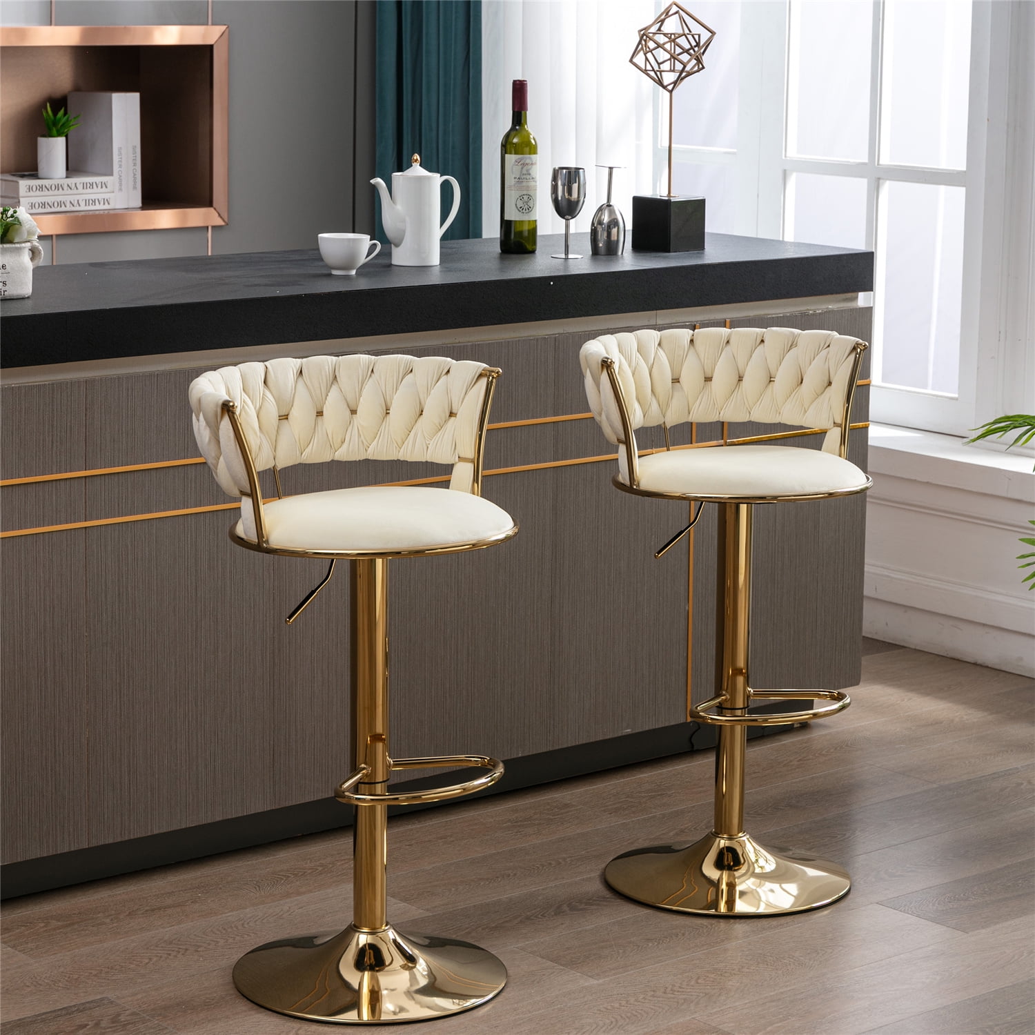 Bar Stool Set of 2, Adjustable Swivel Counter Height Bar Chairs with