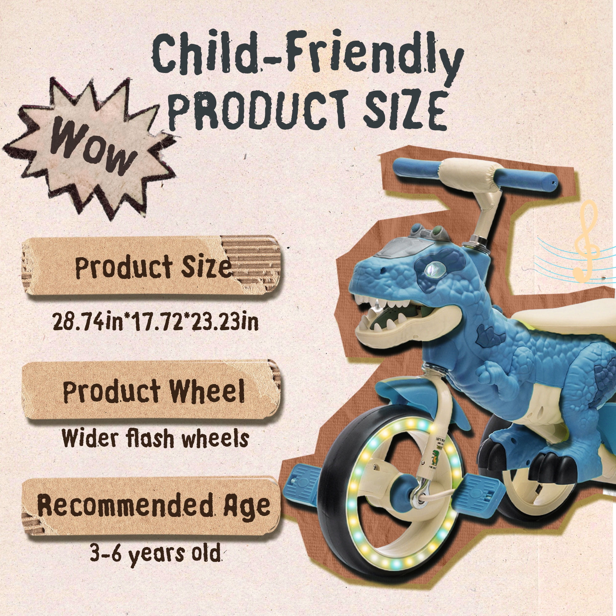 Xuanlur Kids Ride on Dinosaur Tricycle, Toddlers Kid Trike with EVA Wide Flash Wheels, Anti-Slip Pedals, Rear Basket, Music & LED Lights, Toddler Bike Toys Gift for 3-6 Year Old Boys & Girls (Blue)