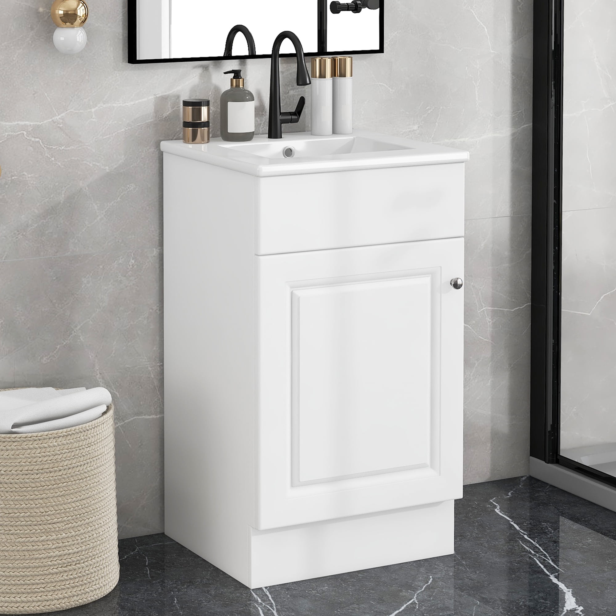 Harper & Bright Designs 18" Small Bathroom Vanity Sink Combo, Bathroom storage Cabinet with Door Shelf and Adjustable Shelf, Single Sink Bathroom Vanity, White
