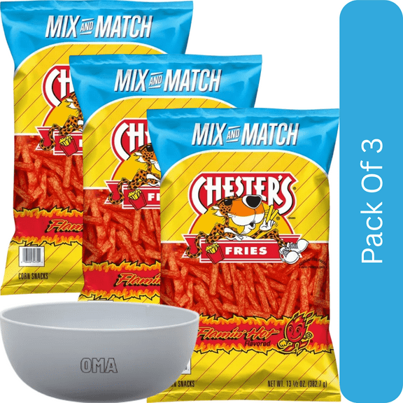 Chester’s Fries Flamin’ Hot Corn & Potato Snacks, 13.5 oz-3pk, With Olive White Bowl By OMA