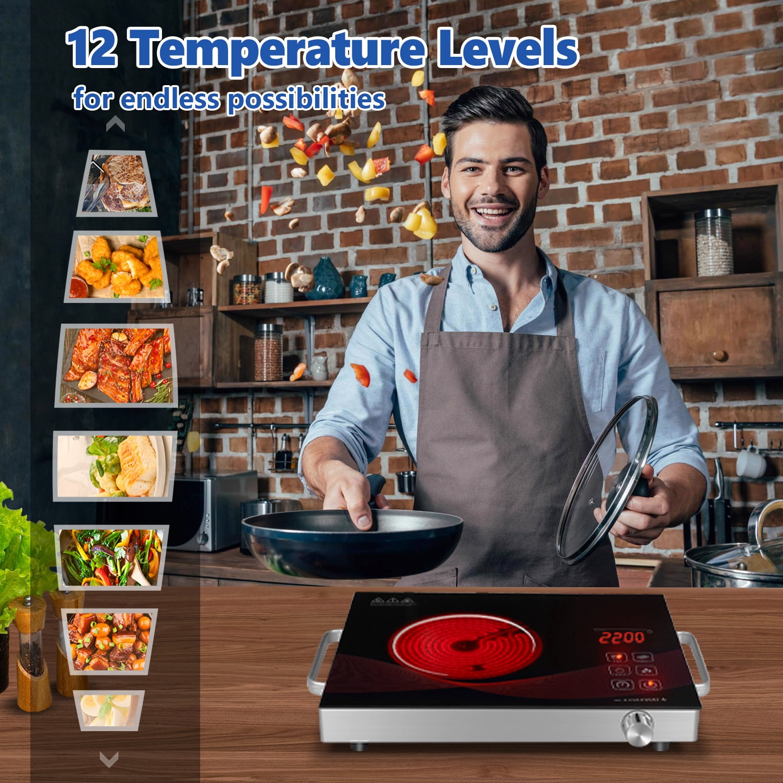 Infrared Single Burner Electric Stove, Portable Small Counter Top Hot Plate for Cooking, 2200W Ceramic Glass Infrared Burner with Touchscreen LCD Display