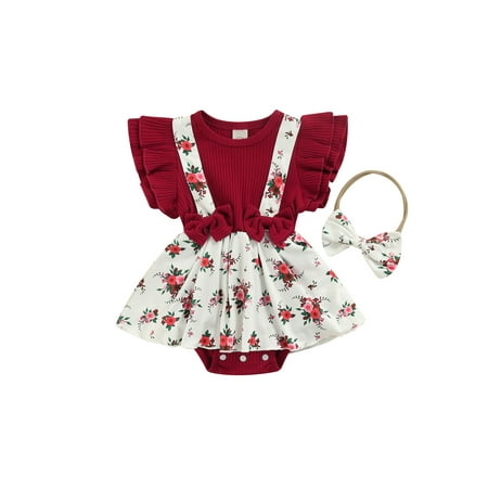 

Xingqing Infant Baby Girls Summer Romper Ruffled Fly Sleeve Floral Printed Dress-Like Patchwork Bodysuit+Bow Headband 0-3 Months