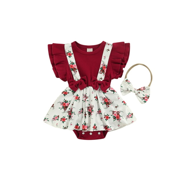 Xingqing Barboteuse Fleurie pour Bébés Filles, Robe Tutu, Justaucorps à Manches à Volants, Combinaison avec Bandeau, Tenues, Rouge Vin, 3-6 Mois