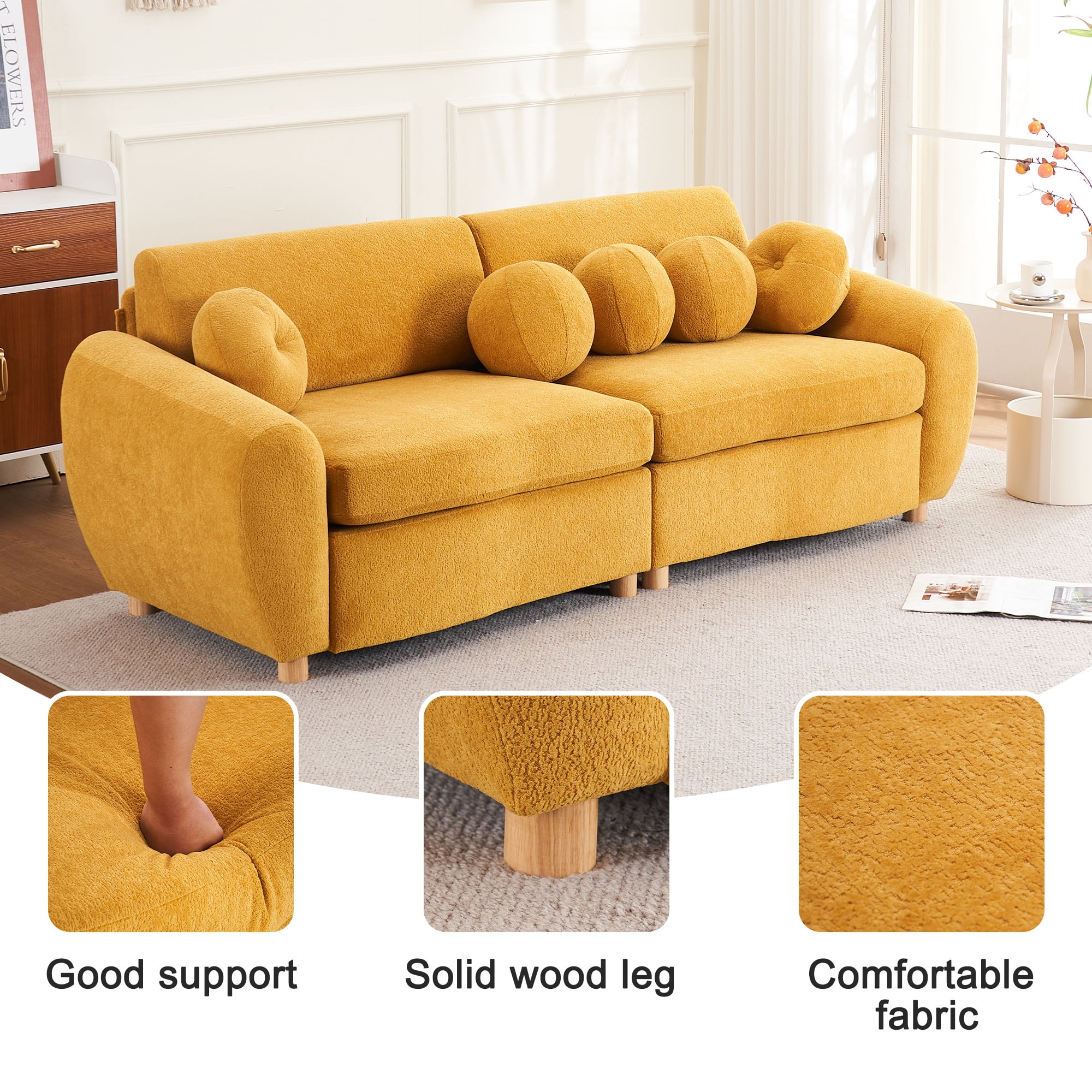 Aukfa 85" Modern Comfy Sofa, Upholstered Deep Seat Couch for Living Room, 5 Pillows, Chenille, Yellow