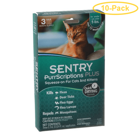 Sentry PurrScriptions Plus Flea & Tick Control for Cats & Kittens Cats Under 5 lbs - 3 Month Supply - Pack of 10