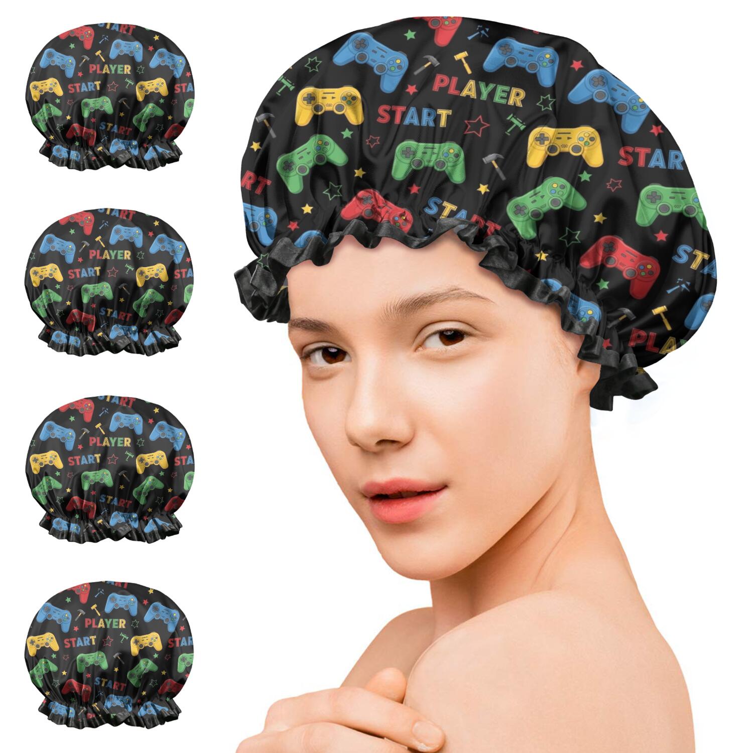 Shower Caps,Multicolor Controllers Games Text Black Pattern Waterproof Shower Cap for Women 4 Pieces,Double Reusable Hair Cover for Shower PEVA Elastic Stretch Hem