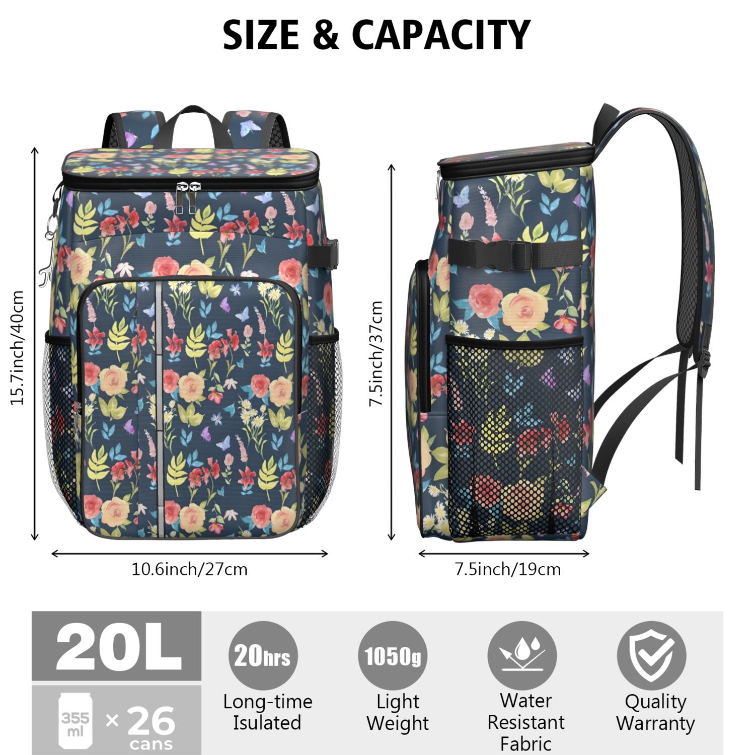 Travel Cooler Bag - Pioneer Flower Floral Print Pattern Camping Beer Cooler Backpack with Bottle Opener- Waterproof Insulated Picnic Backpacks - Cooler Bag for Beach
