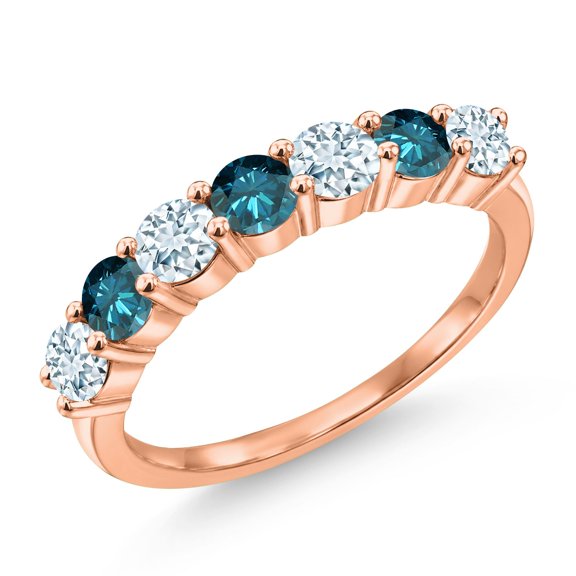 Gem Stone King 18K Rose Gold Plated Silver Round Sky Blue Aquamarine Blue Diamond Anniversary Ring for Women (1.13 Cttw, Gemstone Birthstone) (Size 8)