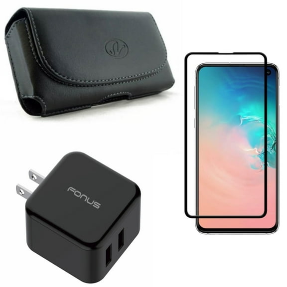 Galaxy S10e Case Belt Clip w Screen Protector w Fast Home Charger - Leather Holster Cover, Tempered Glass 5D Curved Edge, 30W 2-Port USB Quick Charge Port for Samsung Galaxy S10e Phone