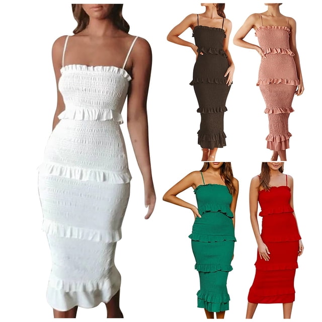 Dresses Plus Size Ladies Solid Color Elastic Splicing Fashion Pleated Slim Strappy Dress Plus Size Dress White S