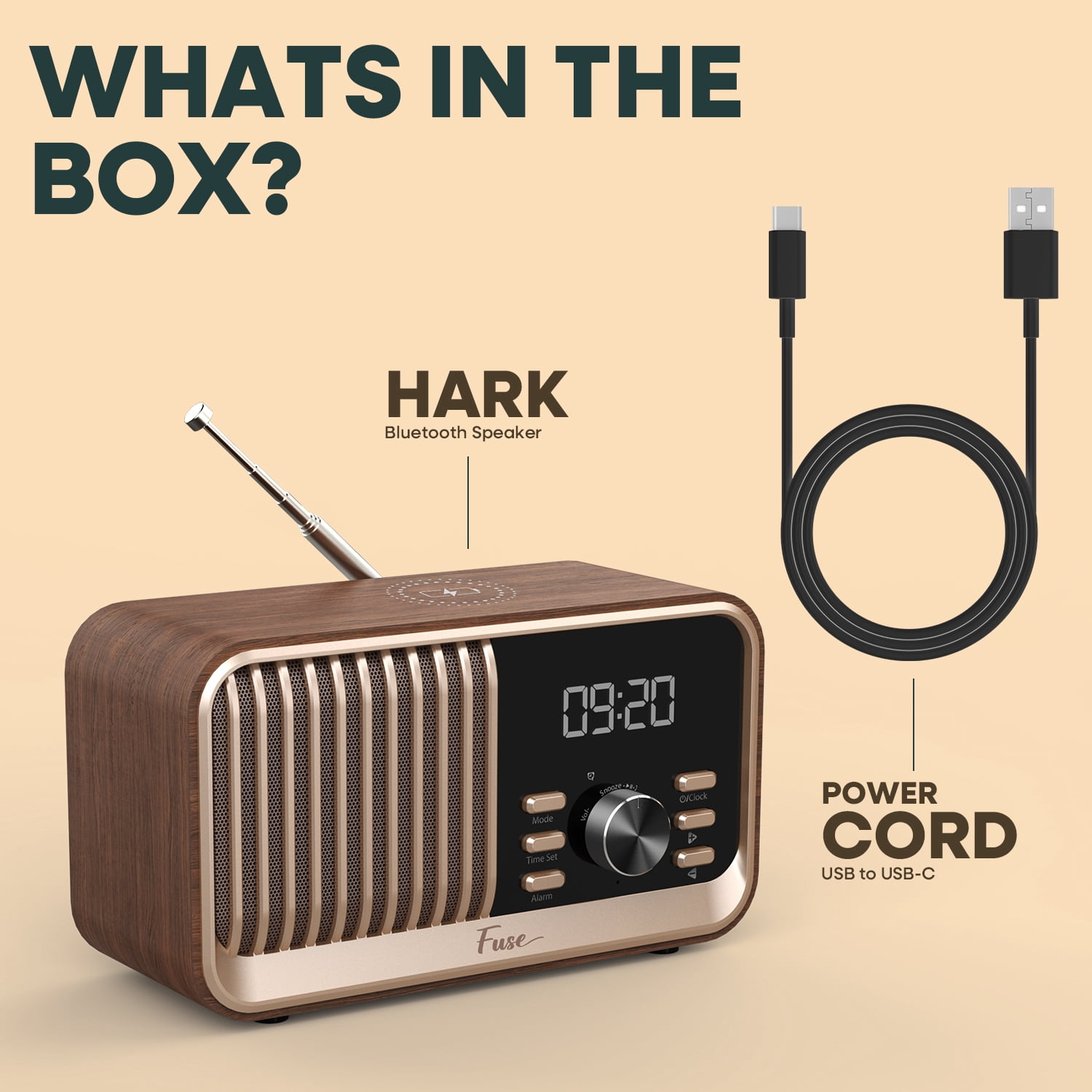 Fuse Hark Bluetooth Radio Speaker | Wireless 10W Charger | FM Radio Speaker with Bluetooth & AUX Input | Alarm Clock | 3 Level Dimmer | Charging Block Included