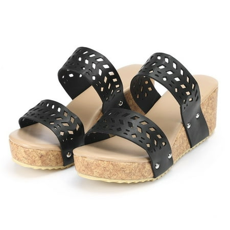 

NECHOLOGY S Slippers Women Size 7 Open Sandals Breathable Hollow Out Summer Slip-On Wedges Toe Womens Leopard Slippers Black 8.5