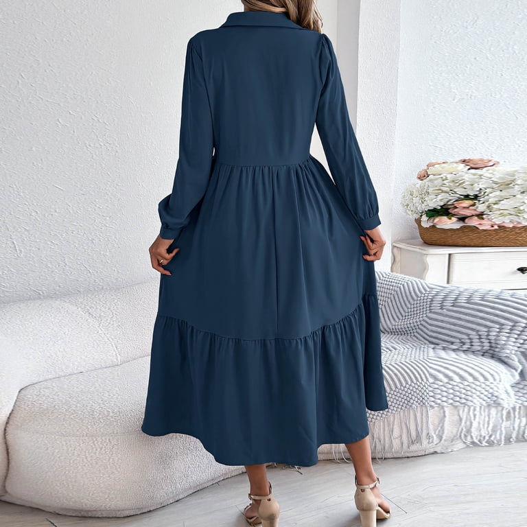 Tauxra Long Dress for Women,Dress for Women,Women's Solid Solor Button Long  Sleeve Turndown Collar Dress Ruffles Dress,Collar for Women - Walmart.com