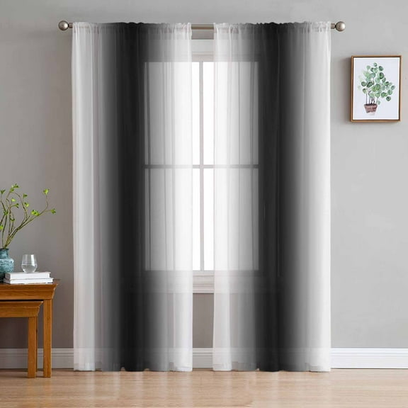 Black Ombre Semi Sheer Curtains 84 Inch Length 2 Panels Set, Farmhouse Stripes Modern Art Sheer Kitchen Curtain Privacy Voile Window Curtain for Living Room Bedroom Rod Pocket Drapes
