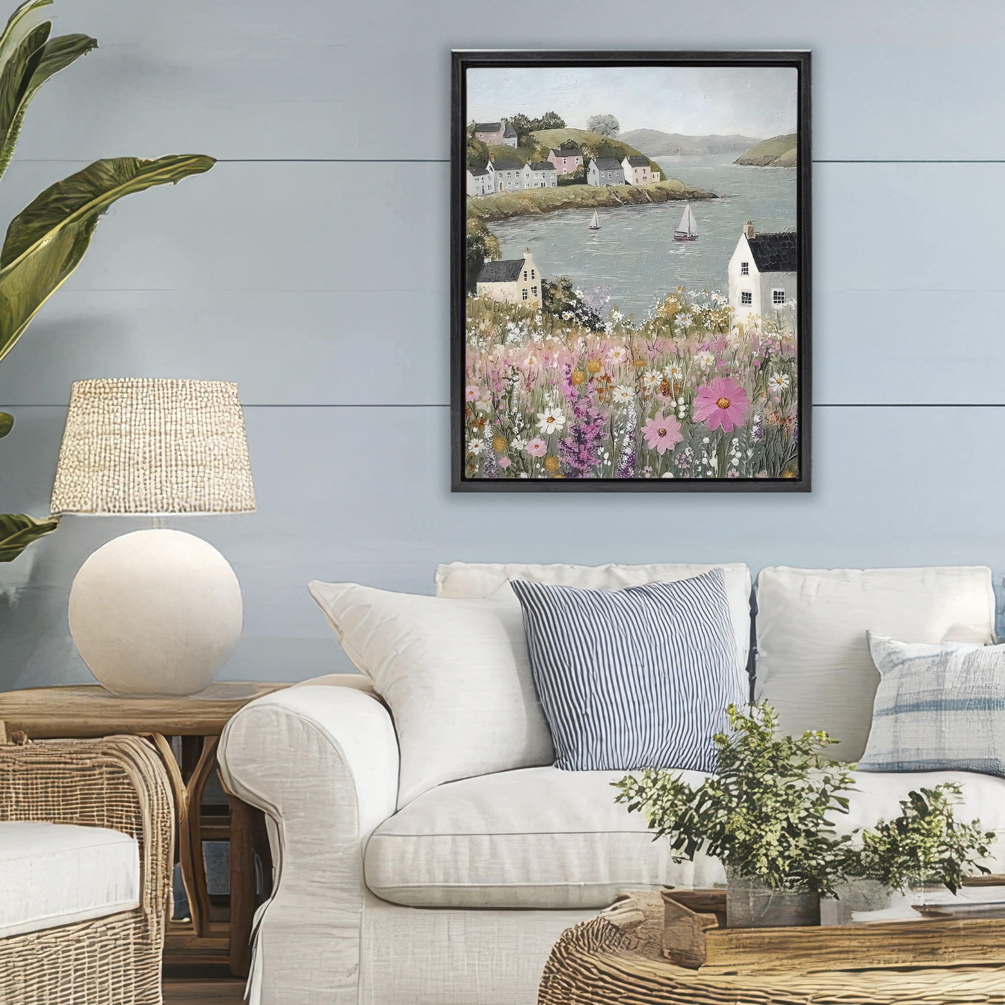 Stupell Industries Seaside Cottages & Sailboats Black Framed Floater Canvas Wall Art, design by Riley B