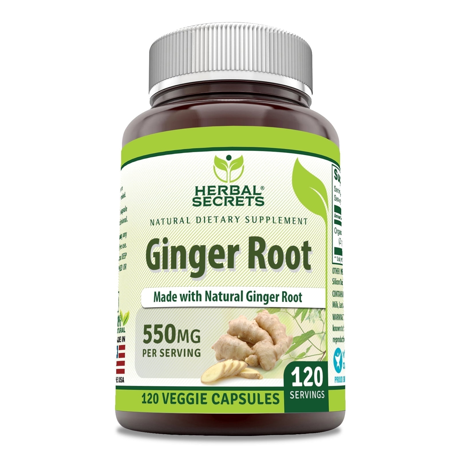 Herbal Secrets Ginger 550 Mg Per Serving 120 Veggie Capsules Supplement | 120 Serving Per Bottle | Non-GMO | Gluten Free | | Suitable for Vegetarians