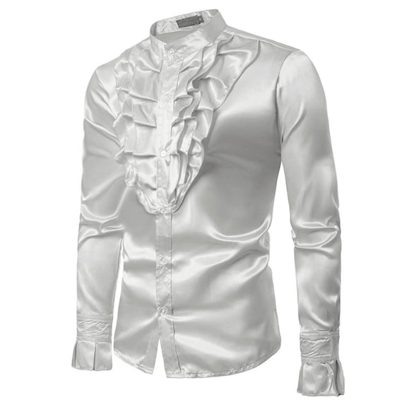 Mlzmgr Men's Dress Shirt Long Sleeve Button down Stand Collar Ruffle Satin Shirts Vintage Elegant Tops for Party Wear(X-Large,White)