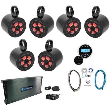 6) Rockville RKL80MB 8 Marine Boat Wakeboard Tower LED Speakers+Amp+Receiver