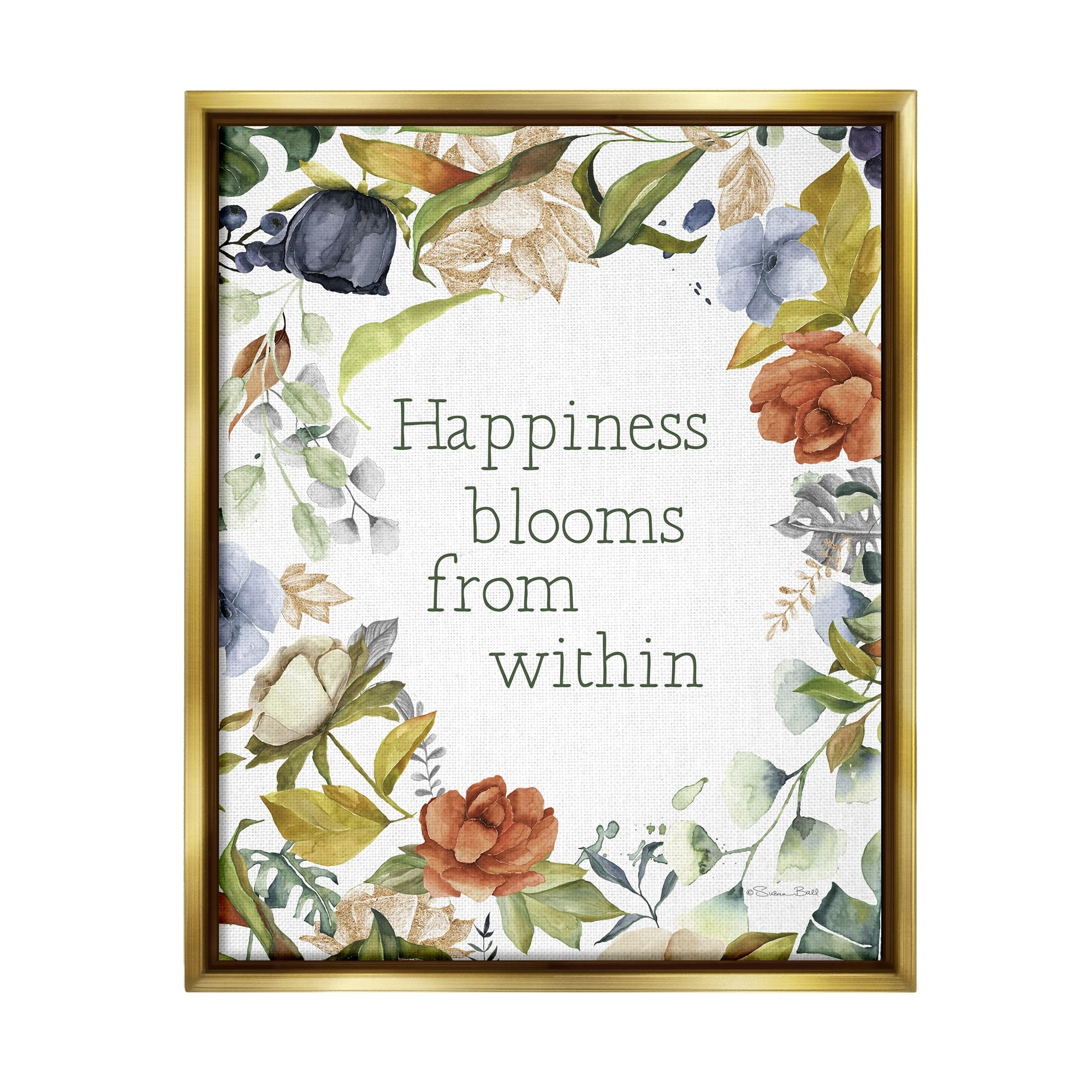 Stupell Industries Happiness Blooms From Within Comforting Floral Border Graphic Art Metallic Gold Floating Framed Canvas Print Wall Art, Design by Susan Ball