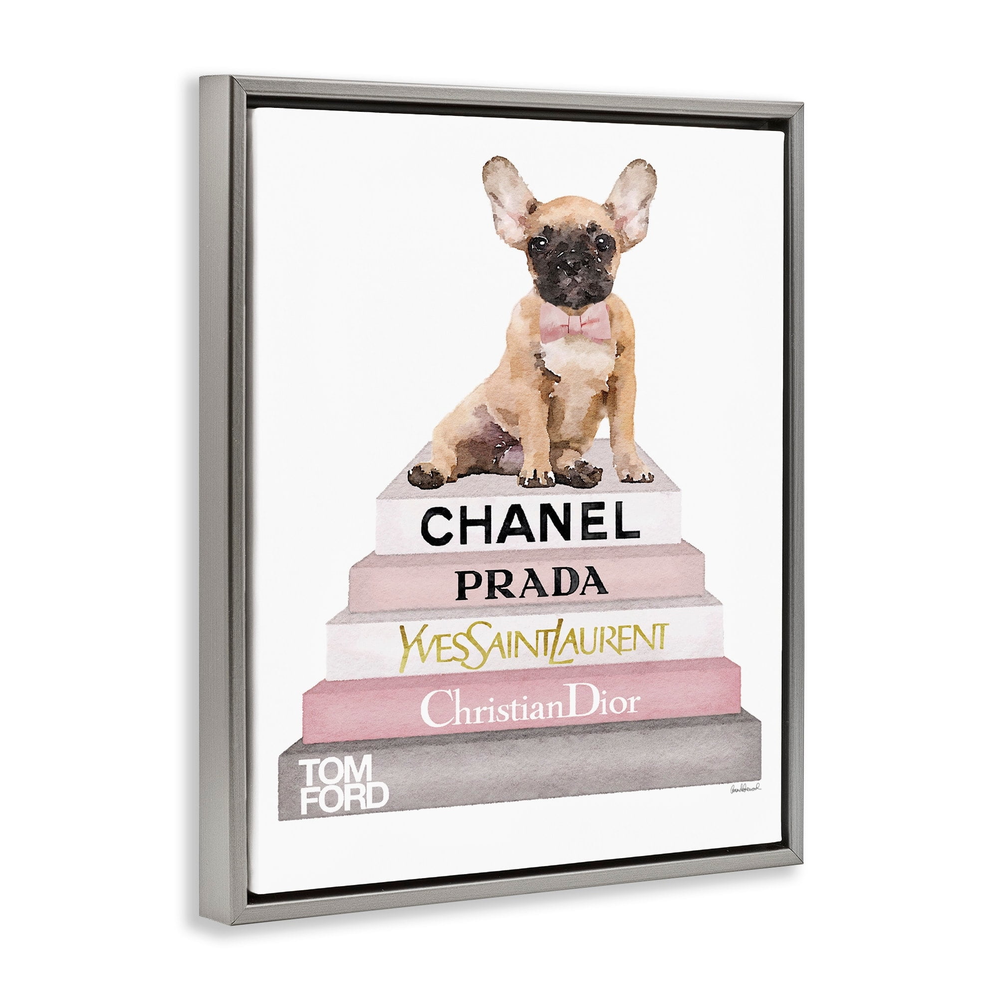 Stupell Industries Watercolor High Fashion Bookstack French Bulldog Luster Gray Framed Floating Canvas Wall Art, 16x20, by Amanda Greenwood