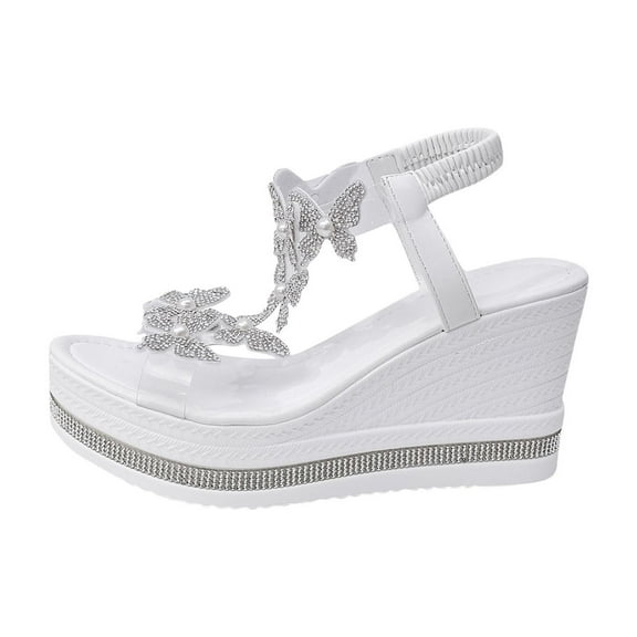 GERsome Wedges Platform Sandals for Women Open Toe Elastic Ankle Strap Summer Dress Sandals for Vacation Wedding Party, White Size 9