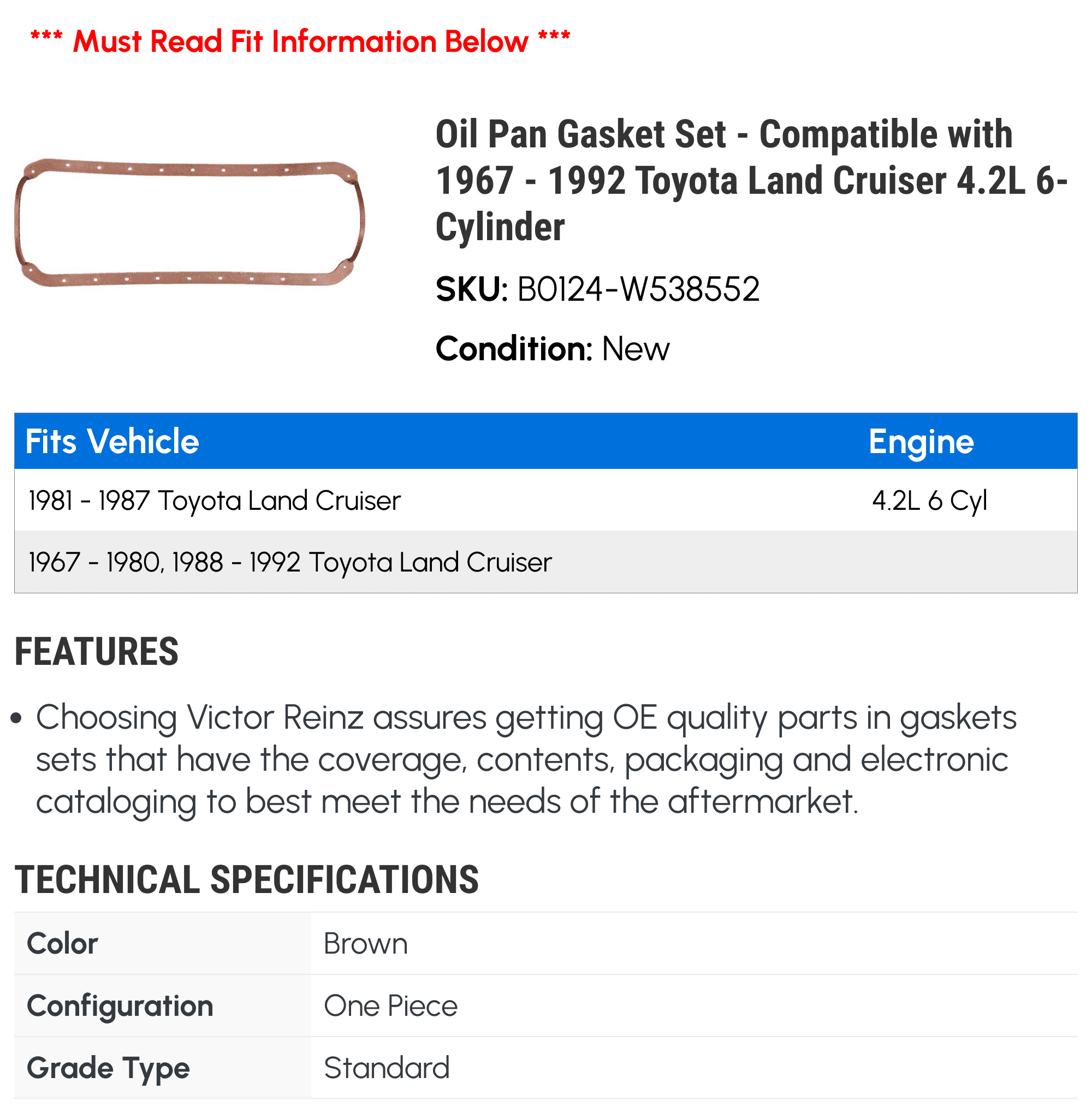 Oil Pan Gasket Set - Compatible with 1967 - 1992 Toyota Land Cruiser 4.2L 6-Cylinder 1968 1969 1970 1971 1972 1973 1974 1975 1976 1977 1978 1979 1980 1981 1982 1983 1984 1985 1986 1987 1988 1989