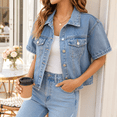 thumbnail image 2 of Mrat Women's 3/4 Sleeve Short Denim Jacket Light Cropped Jean Jackets Coats Denim Blazer for Women S-35 Light Blue XL, 2 of 9
