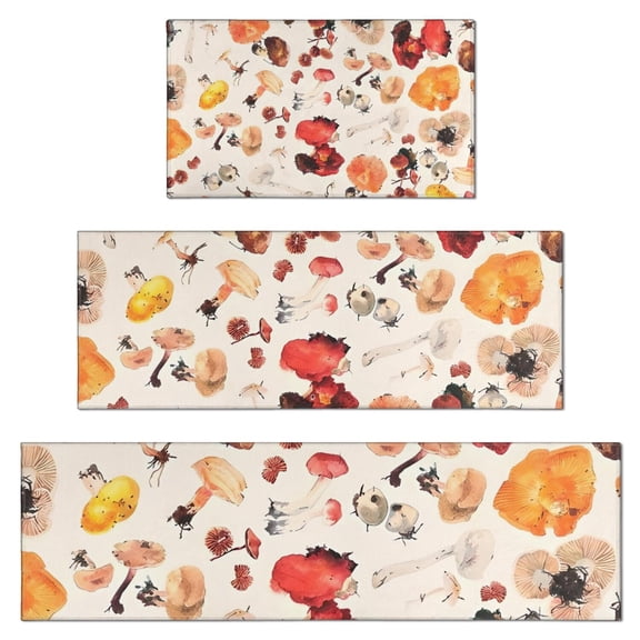 Colorful Mushroom Watercolor White Pattern Kitchen Rugs Sets Of 3,Kitchen Runner Rugs Non Skid Washable,Decorative Kitchen Floor Mats for Kitchen,Sink,Laundry,17"x30" 17"x47" 17"x59"