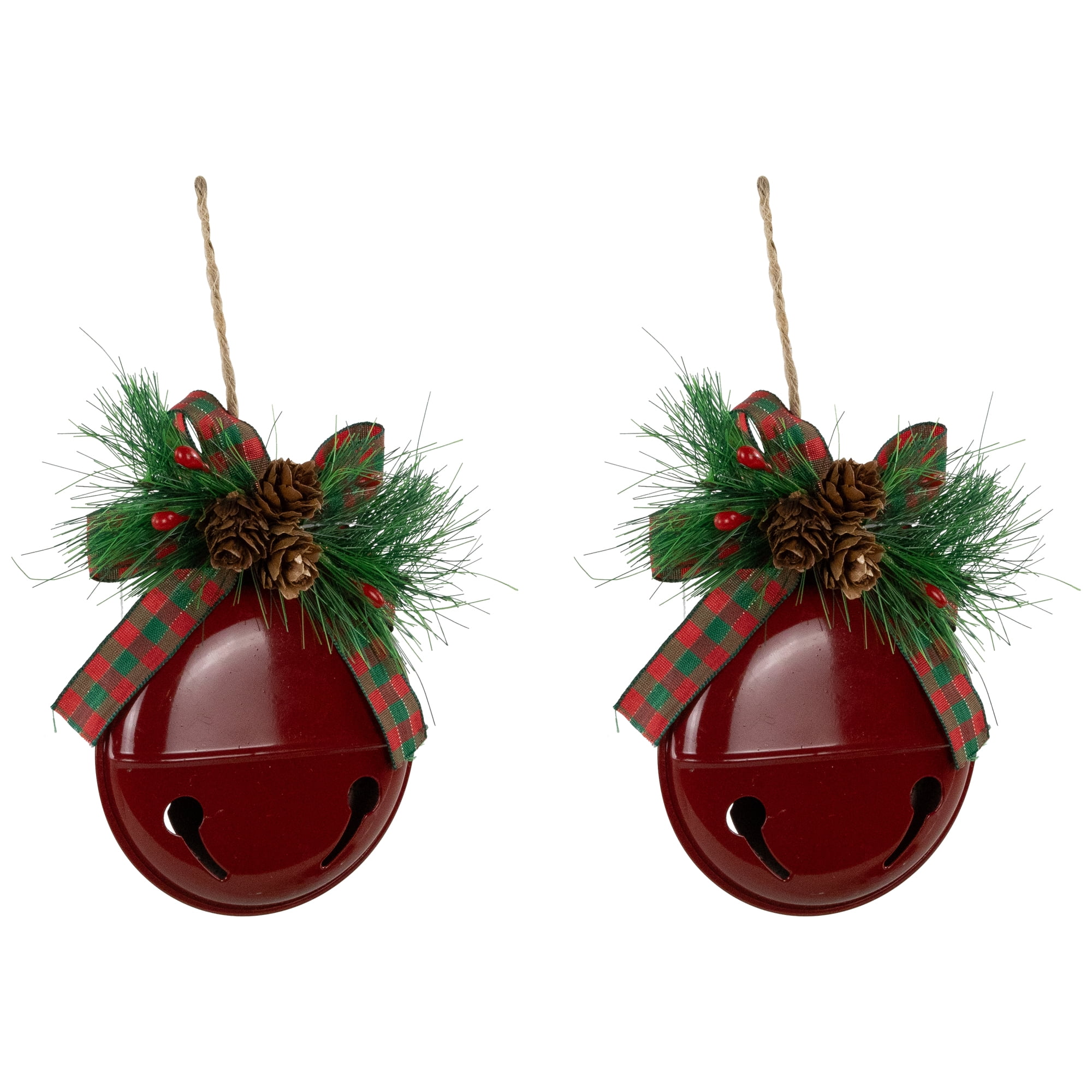 Northlight Jingle Bells with Pinecone Bows Disc Christmas Ornaments - 5" - Red - Set of 2