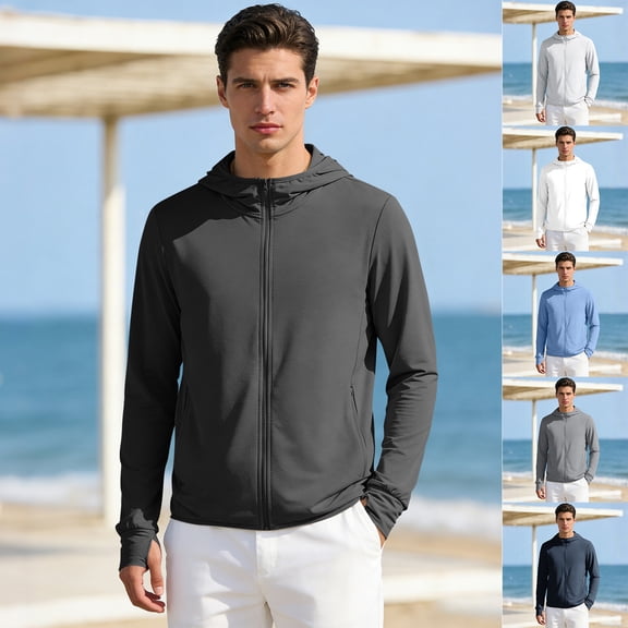 Men's Lightweight Full-Zip Hooded Sun Protection Shirt UPF 50 Quick Dry Athletic Jacket with Thumb Holes - Breathable UV Outdoor Running Fishing Hiking Top Black L