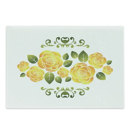 

Yellow Cutting Board Floral Arrangement with Roses and Leaves with Swirled Frame Design Decorative Tempered Glass Cutting and Serving Board Large Size Fern Green Marigold by Ambesonne
