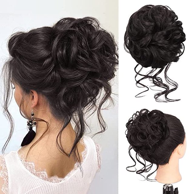 Chignon Désordonné de Deethens, Postiche Bouclé, Chouchous Bouclés, Pièces de Cheveux, Extension de Queue de Cheval, Chignon, Postiches pour Femmes et Filles (1 Paquet, Noir Brun)
