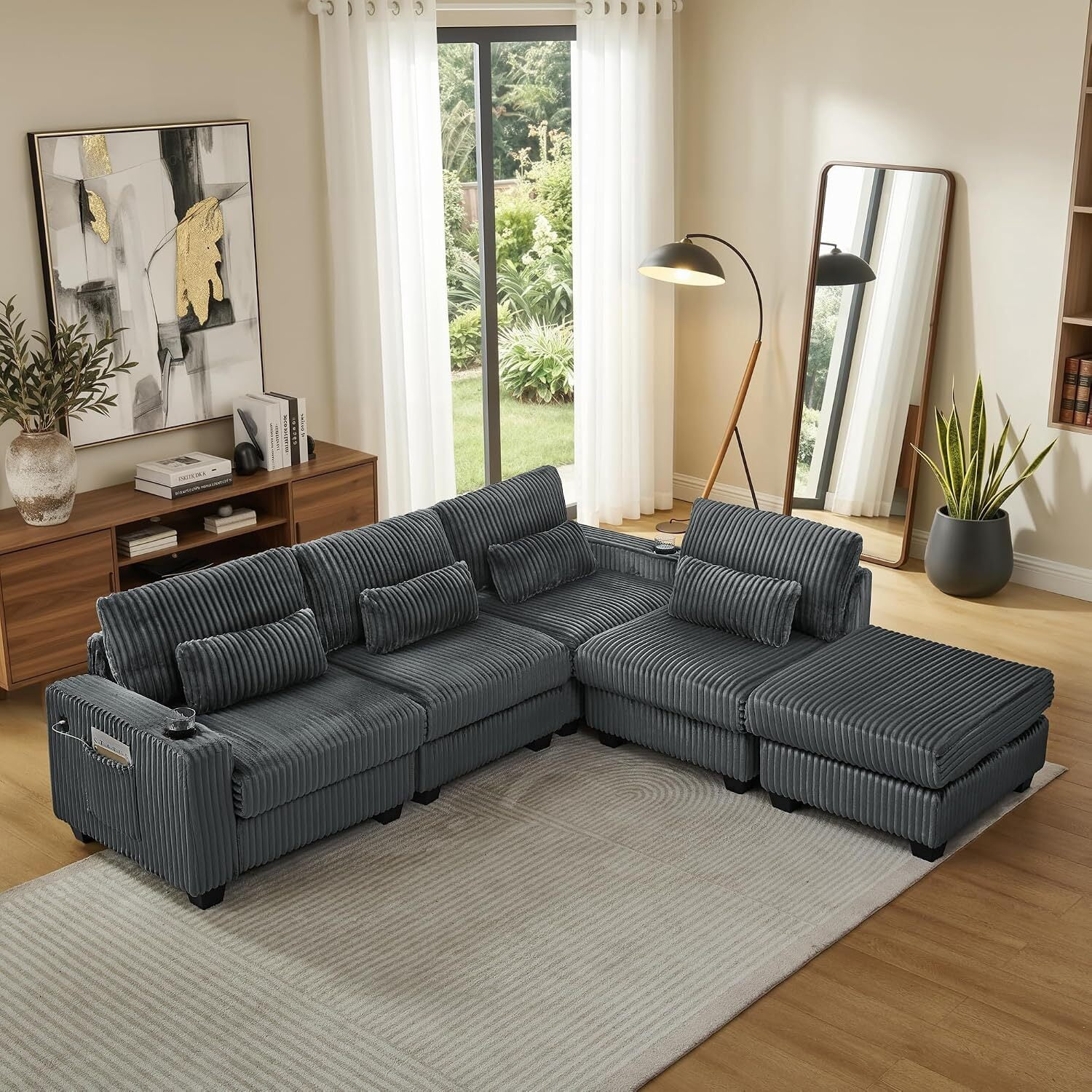 Howcool 125" L-Shaped Sectional Sofa, 5 Seat Deep Seat Corduroy Couch with Movable Ottoman, Modular Cloud Couch with Cup Holders & Lumbar Pillows for Living Room, Grey